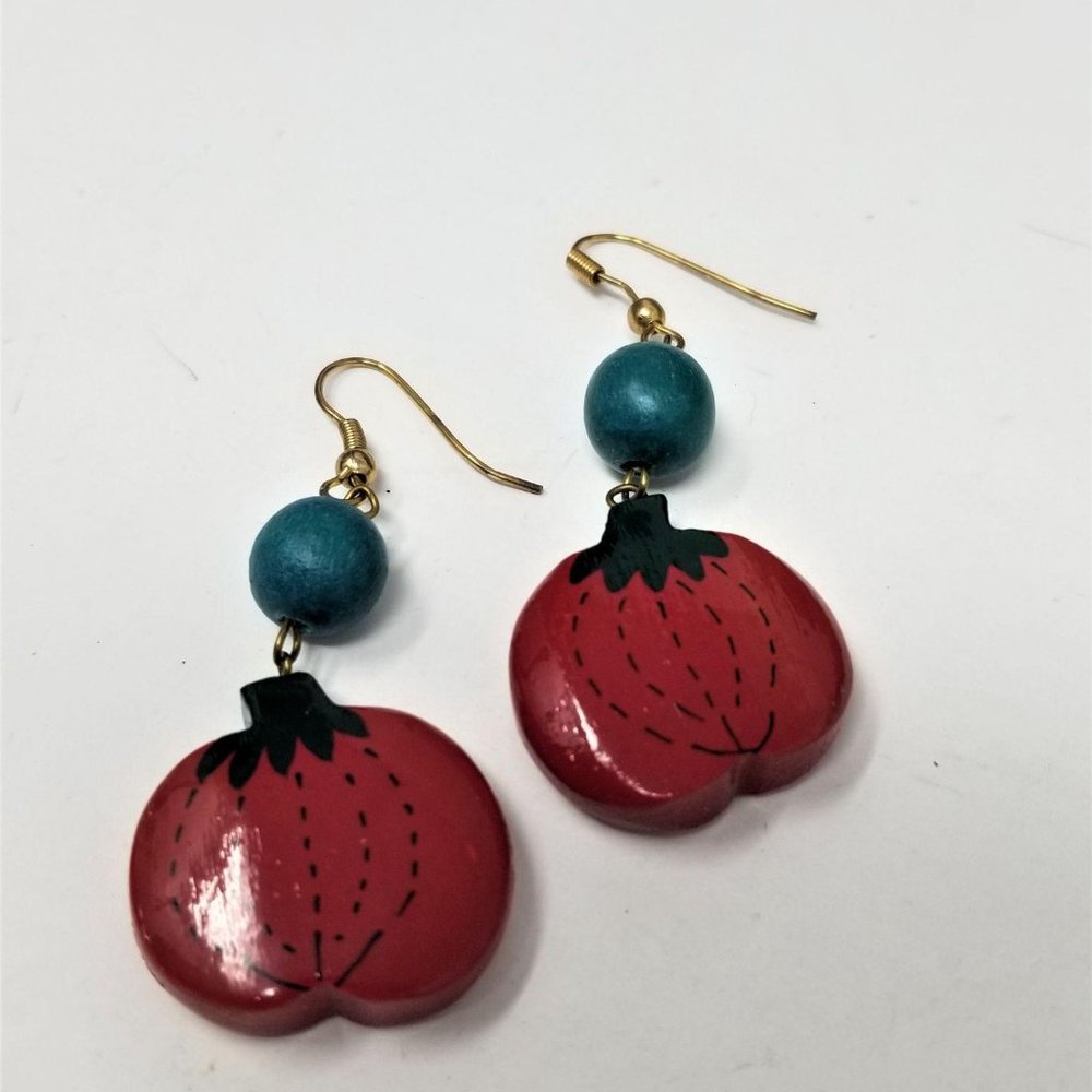Pumpkin Painted Wood Earrings Pierced - Picture 1 of 4